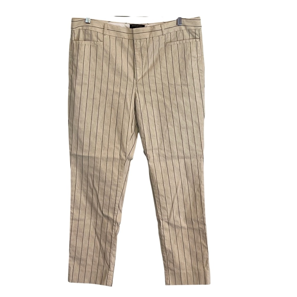 Banana Republic Sloan Pinstripe Pants Womens 14 Beige Black Linen Blend Slim Leg